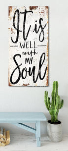 It Is Well With My Soul Sign handmade by ToeFishArt. Original, custom, personalized wall decor signs. Canvas, Wood or Metal. Rustic modern farmhouse, cottagecore, vintage, retro, industrial, Americana, primitive, country, coastal, minimalist.
