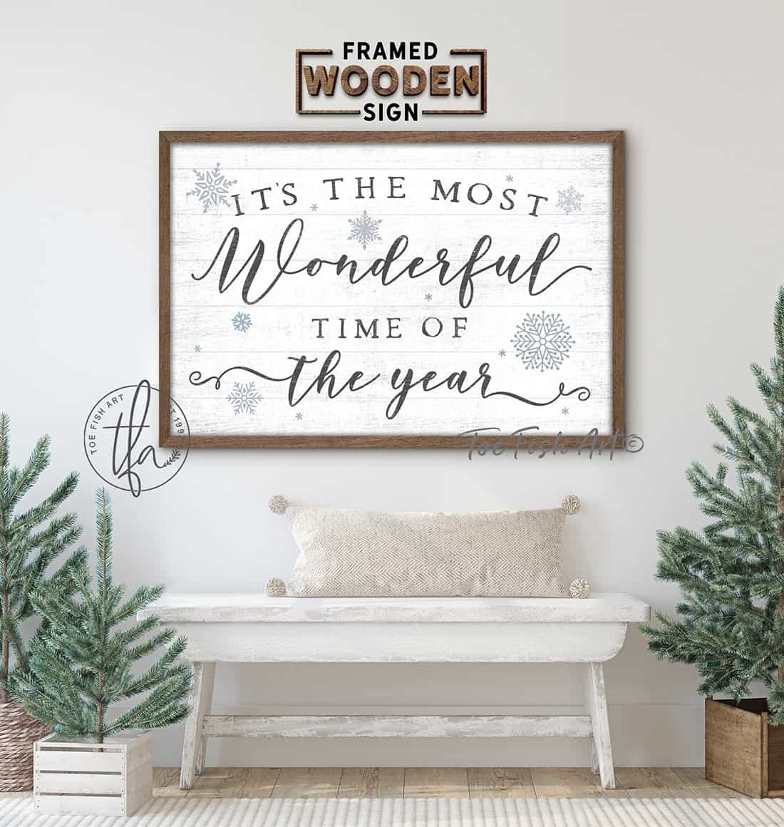 It's the Most Wonderful Time of the Year Sign handmade by ToeFishArt. Original, custom, personalized wall decor signs. Canvas, Wood or Metal. Rustic modern farmhouse, cottagecore, vintage, retro, industrial, Americana, primitive, country, coastal, minimalist.