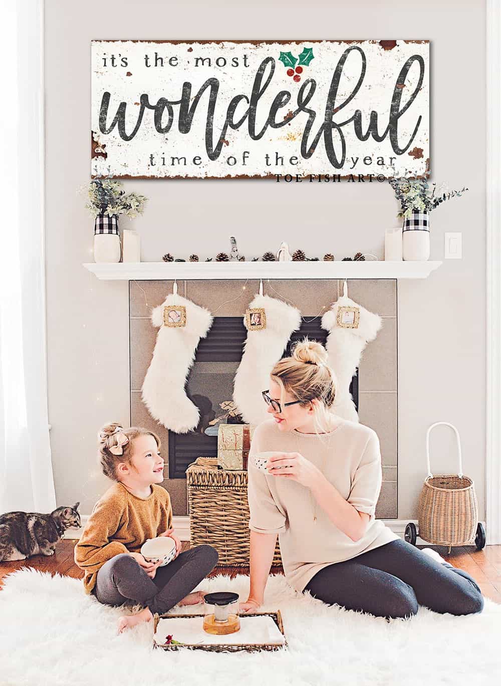 It's the most Wonderful Time of the Year Sign handmade by ToeFishArt. Original, custom, personalized wall decor signs. Canvas, Wood or Metal. Rustic modern farmhouse, cottagecore, vintage, retro, industrial, Americana, primitive, country, coastal, minimalist.