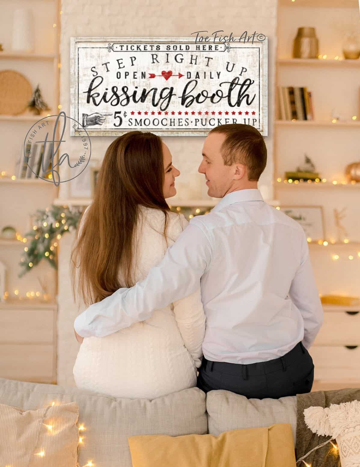 Kissing Booth Sign handmade by ToeFishArt. Original, custom, personalized wall decor signs. Canvas, Wood or Metal. Rustic modern farmhouse, cottagecore, vintage, retro, industrial, Americana, primitive, country, coastal, minimalist.