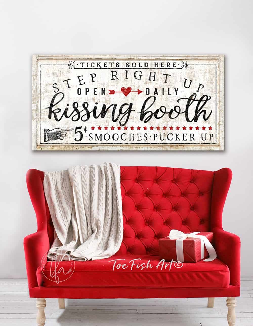 Kissing Booth Sign handmade by ToeFishArt. Original, custom, personalized wall decor signs. Canvas, Wood or Metal. Rustic modern farmhouse, cottagecore, vintage, retro, industrial, Americana, primitive, country, coastal, minimalist.