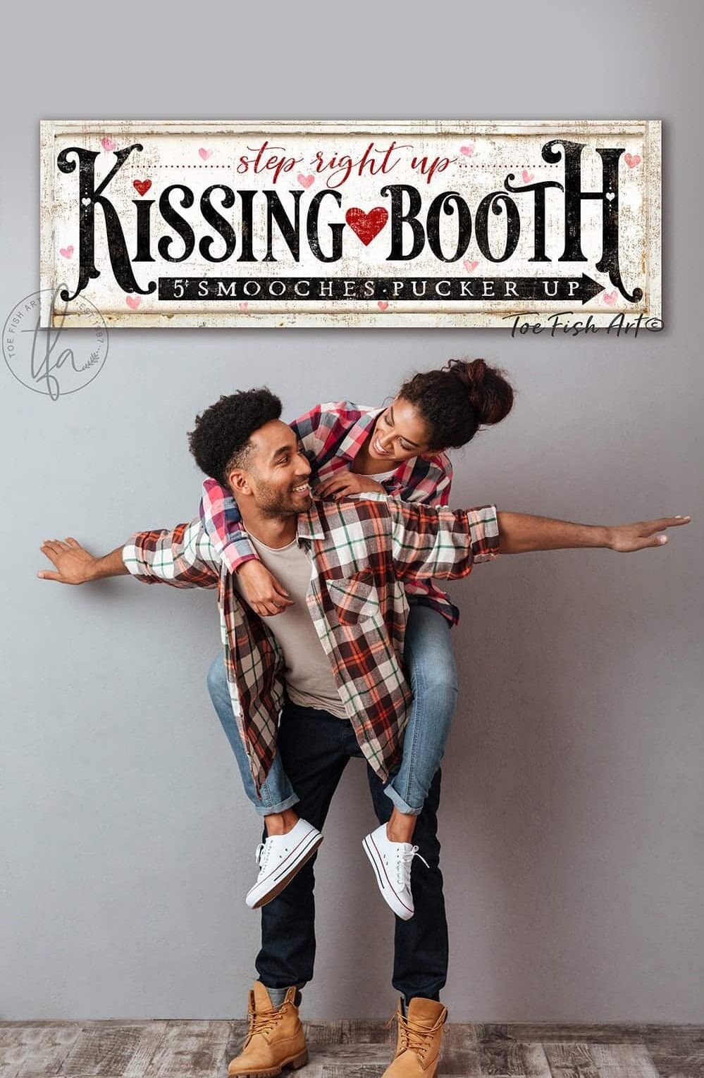 Kissing Booth Sign handmade by ToeFishArt. Original, custom, personalized wall decor signs. Canvas, Wood or Metal. Rustic modern farmhouse, cottagecore, vintage, retro, industrial, Americana, primitive, country, coastal, minimalist.