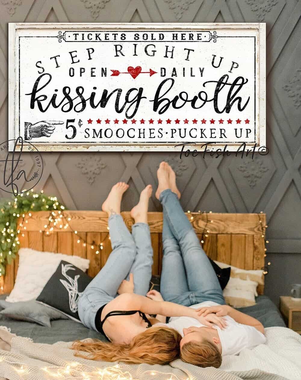Kissing Booth Sign handmade by ToeFishArt. Original, custom, personalized wall decor signs. Canvas, Wood or Metal. Rustic modern farmhouse, cottagecore, vintage, retro, industrial, Americana, primitive, country, coastal, minimalist.