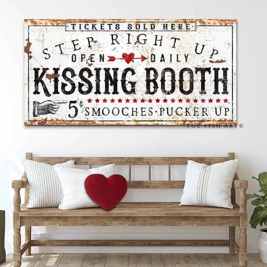 Kissing Booth Sign handmade by ToeFishArt. Original, custom, personalized wall decor signs. Canvas, Wood or Metal. Rustic modern farmhouse, cottagecore, vintage, retro, industrial, Americana, primitive, country, coastal, minimalist.