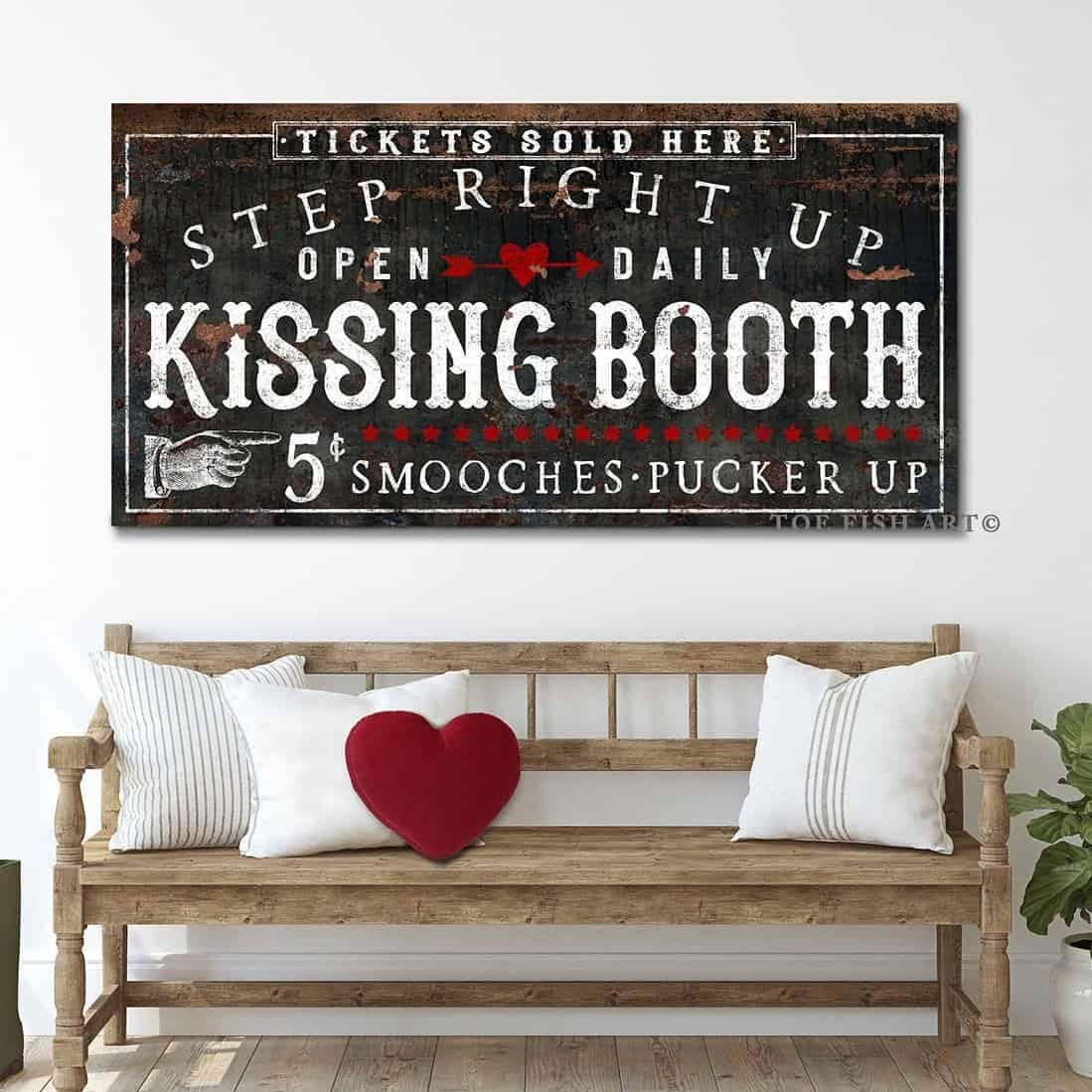 Kissing Booth Sign handmade by ToeFishArt. Original, custom, personalized wall decor signs. Canvas, Wood or Metal. Rustic modern farmhouse, cottagecore, vintage, retro, industrial, Americana, primitive, country, coastal, minimalist.