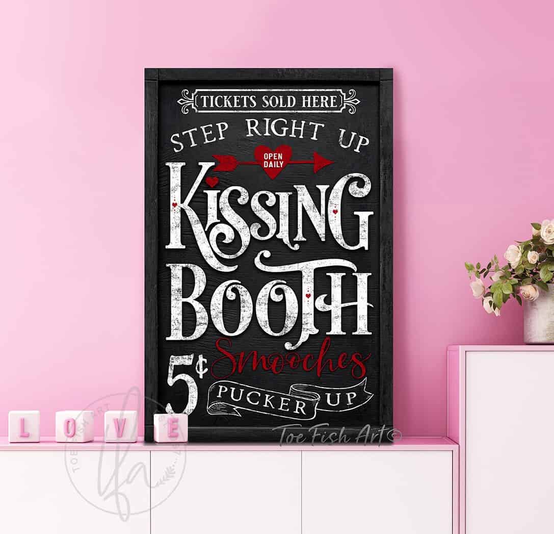Kissing Booth Valentines Day Sign Modern Farmhouse Wall Decor Vintage Love Art handmade by ToeFishArt. Original, custom, personalized wall decor signs. Canvas, Wood or Metal. Rustic modern farmhouse, cottagecore, vintage, retro, industrial, Americana, primitive, country, coastal, minimalist.