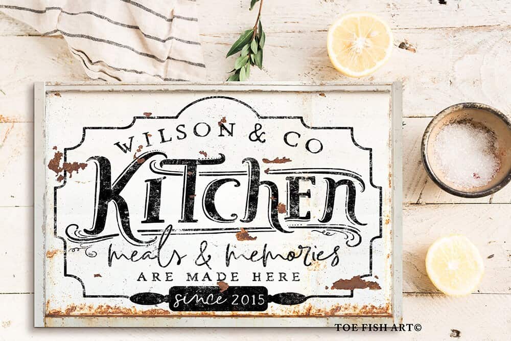 Kitchen Meals & Memories Sign handmade by ToeFishArt. Original, custom, personalized wall decor signs. Canvas, Wood or Metal. Rustic modern farmhouse, cottagecore, vintage, retro, industrial, Americana, primitive, country, coastal, minimalist.