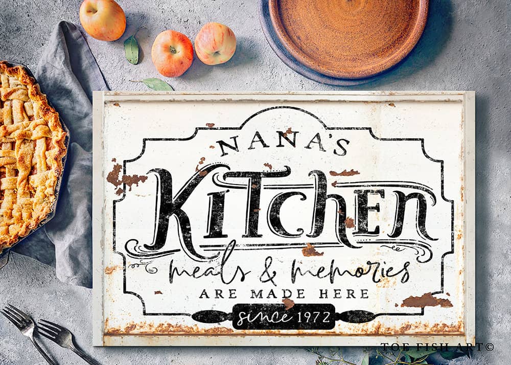 Kitchen Meals & Memories Sign handmade by ToeFishArt. Original, custom, personalized wall decor signs. Canvas, Wood or Metal. Rustic modern farmhouse, cottagecore, vintage, retro, industrial, Americana, primitive, country, coastal, minimalist.