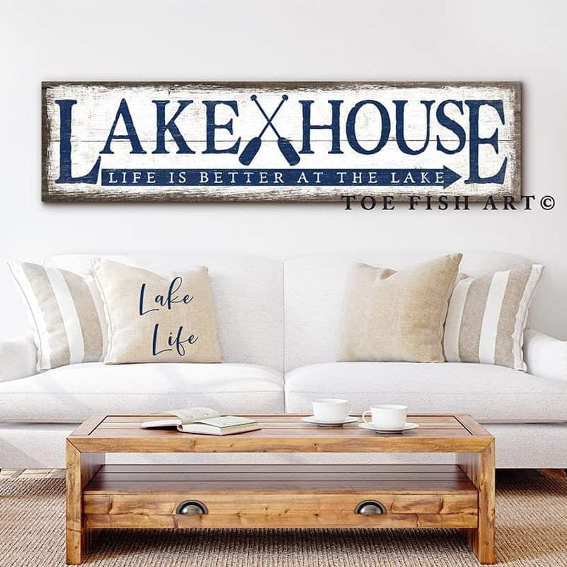 Lake House Sign Vintage Rustic Life is Better handmade by ToeFishArt. Original, custom, personalized wall decor signs. Canvas, Wood or Metal. Rustic modern farmhouse, cottagecore, vintage, retro, industrial, Americana, primitive, country, coastal, minimalist.