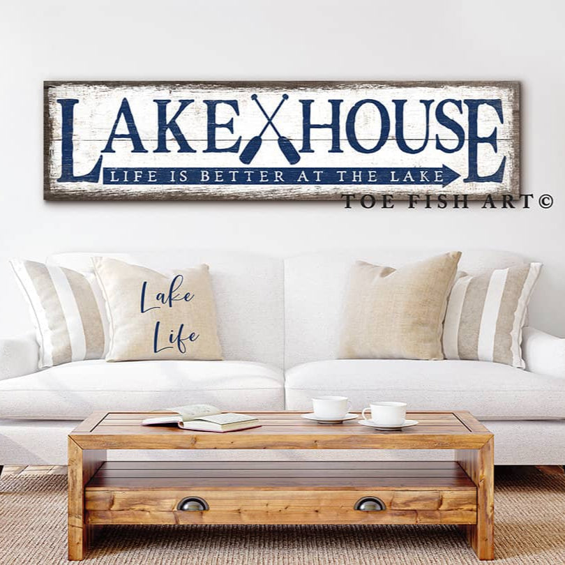 Lake House Sign Vintage Rustic Life is Better handmade by ToeFishArt. Original, custom, personalized wall decor signs. Canvas, Wood or Metal. Rustic modern farmhouse, cottagecore, vintage, retro, industrial, Americana, primitive, country, coastal, minimalist.
