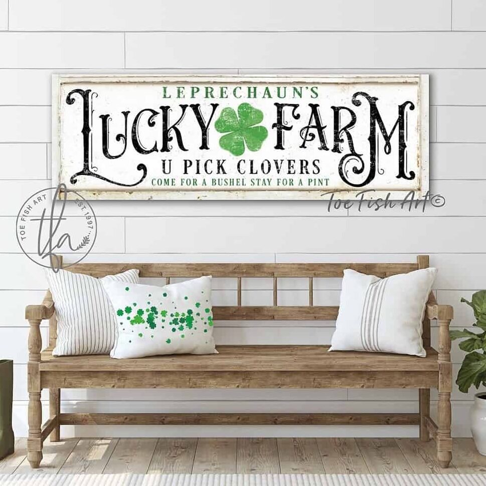 Leprechaun's Lucky Farm Sign handmade by ToeFishArt. Original, custom, personalized wall decor signs. Canvas, Wood or Metal. Rustic modern farmhouse, cottagecore, vintage, retro, industrial, Americana, primitive, country, coastal, minimalist.
