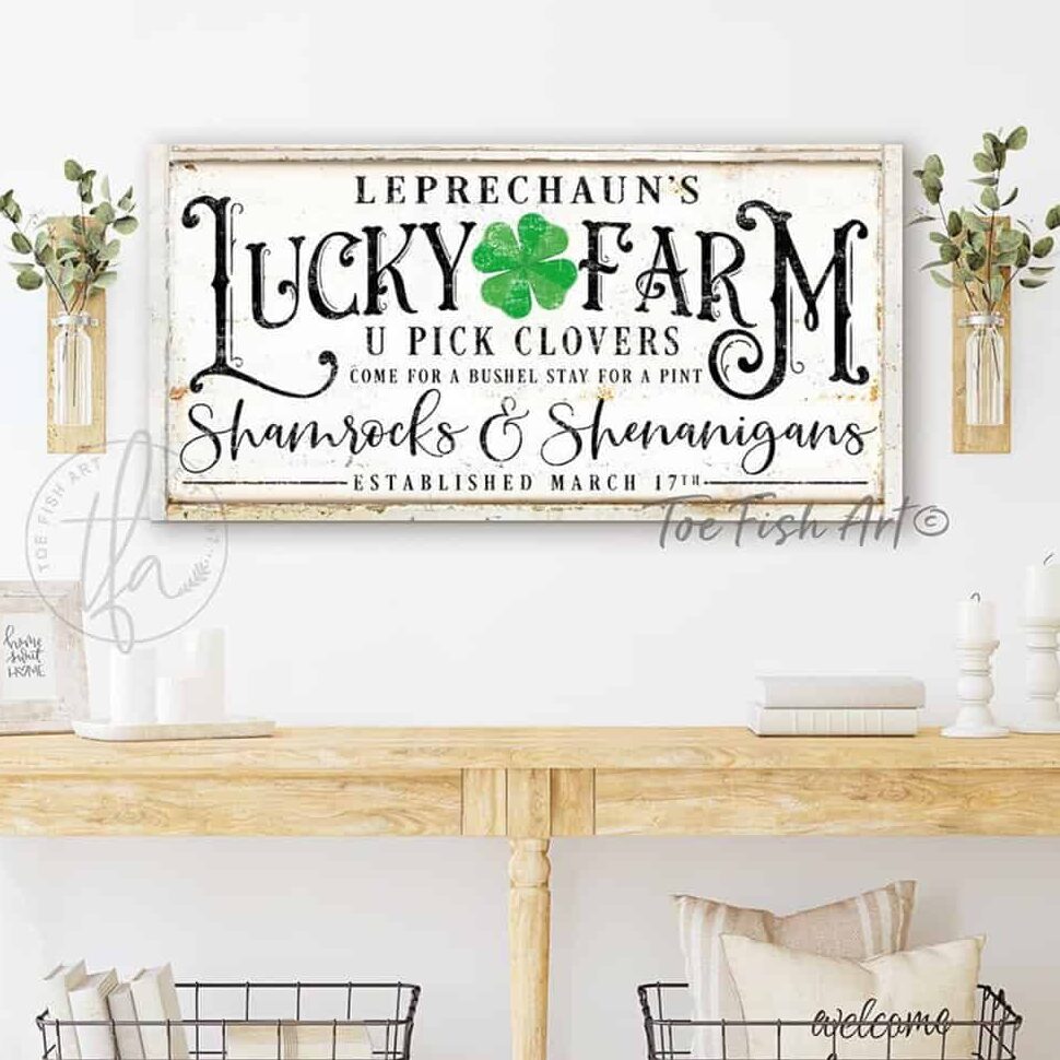 Leprechaun’s Lucky Farm Sign St Pattys Day Decoration handmade by ToeFishArt. Original, custom, personalized wall decor signs. Canvas, Wood or Metal. Rustic modern farmhouse, cottagecore, vintage, retro, industrial, Americana, primitive, country, coastal, minimalist.