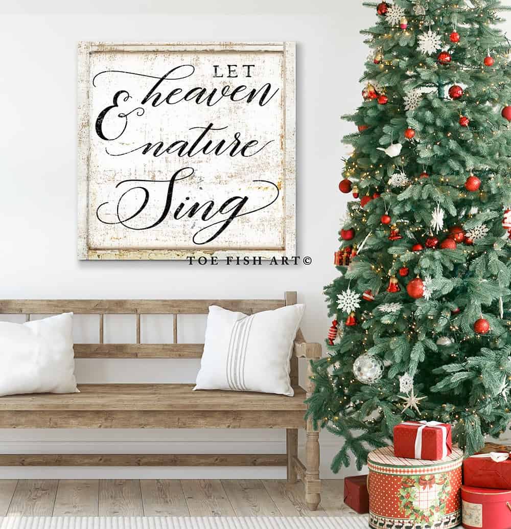 Let Heaven & Nature Sing Sign handmade by ToeFishArt. Original, custom, personalized wall decor signs. Canvas, Wood or Metal. Rustic modern farmhouse, cottagecore, vintage, retro, industrial, Americana, primitive, country, coastal, minimalist.