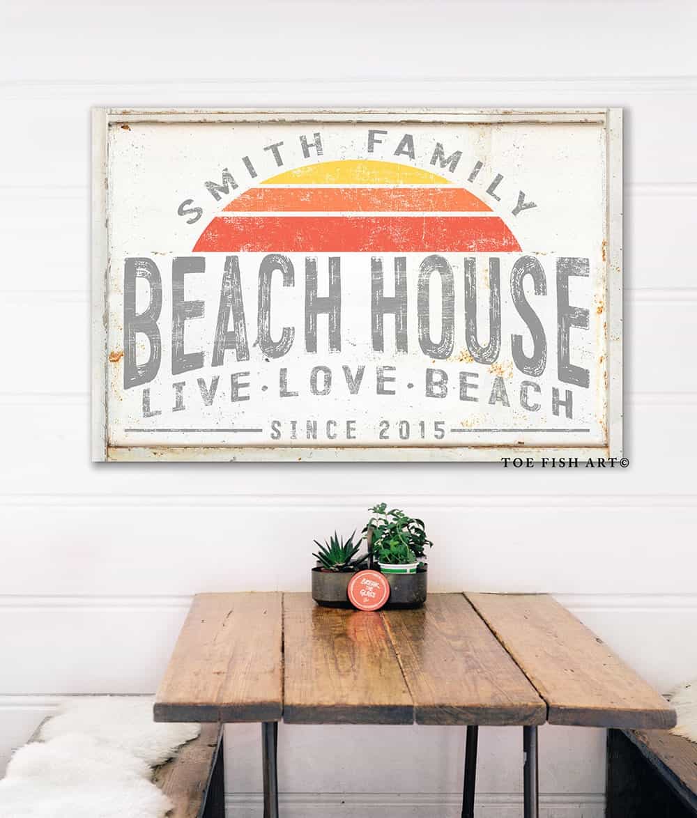 Live Love Beach Beach House Sign handmade by ToeFishArt. Original, custom, personalized wall decor signs. Canvas, Wood or Metal. Rustic modern farmhouse, cottagecore, vintage, retro, industrial, Americana, primitive, country, coastal, minimalist.