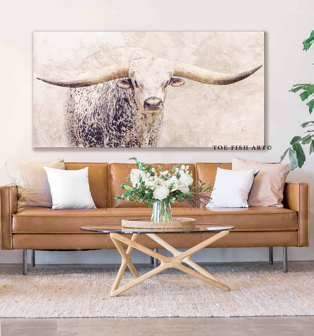 Longhorn Cow Sign handmade by ToeFishArt. Original, custom, personalized wall decor signs. Canvas, Wood or Metal. Rustic modern farmhouse, cottagecore, vintage, retro, industrial, Americana, primitive, country, coastal, minimalist.