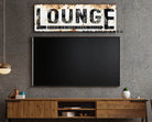 Lounge Sign handmade by ToeFishArt. Original, custom, personalized wall decor signs. Canvas, Wood or Metal. Rustic modern farmhouse, cottagecore, vintage, retro, industrial, Americana, primitive, country, coastal, minimalist.