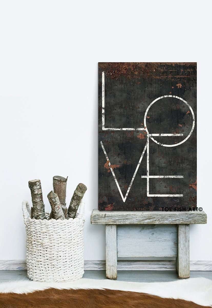 Love Sign handmade by ToeFishArt. Original, custom, personalized wall decor signs. Canvas, Wood or Metal. Rustic modern farmhouse, cottagecore, vintage, retro, industrial, Americana, primitive, country, coastal, minimalist.