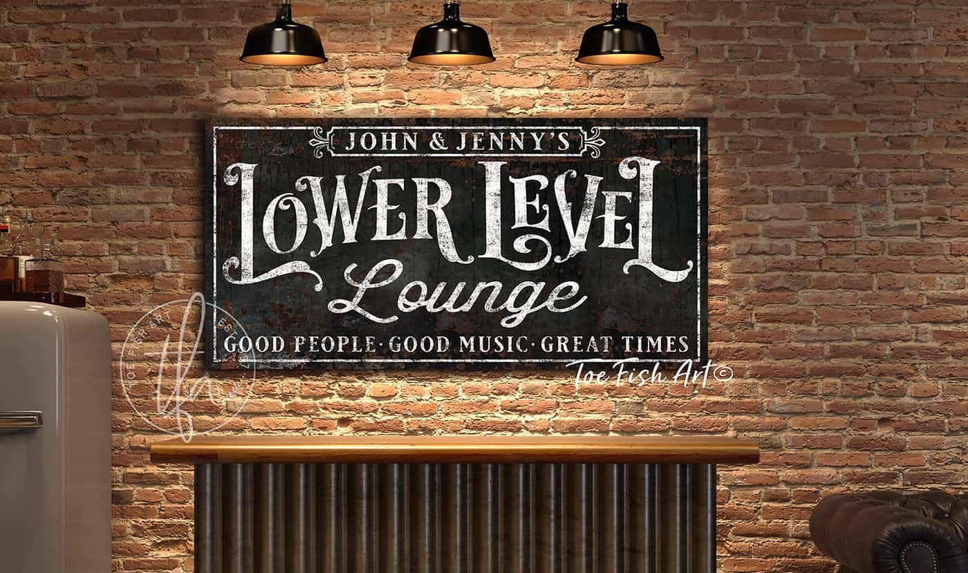 Lower Level Lounge Sign handmade by ToeFishArt. Original, custom, personalized wall decor signs. Canvas, Wood or Metal. Rustic modern farmhouse, cottagecore, vintage, retro, industrial, Americana, primitive, country, coastal, minimalist.