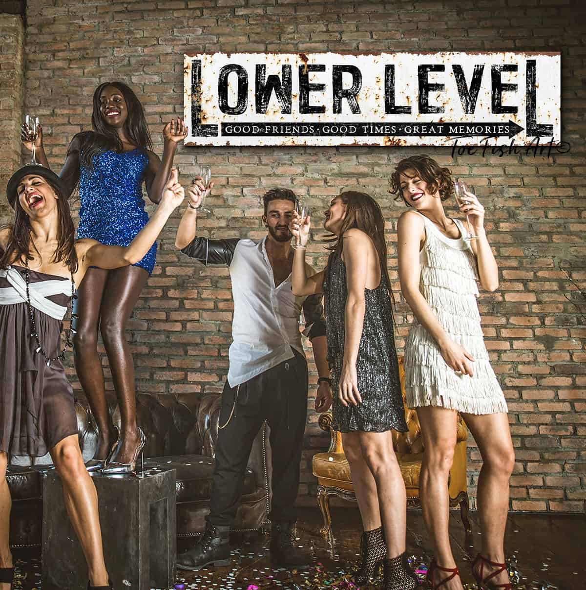 Lower Level Sign handmade by ToeFishArt. Original, custom, personalized wall decor signs. Canvas, Wood or Metal. Rustic modern farmhouse, cottagecore, vintage, retro, industrial, Americana, primitive, country, coastal, minimalist.