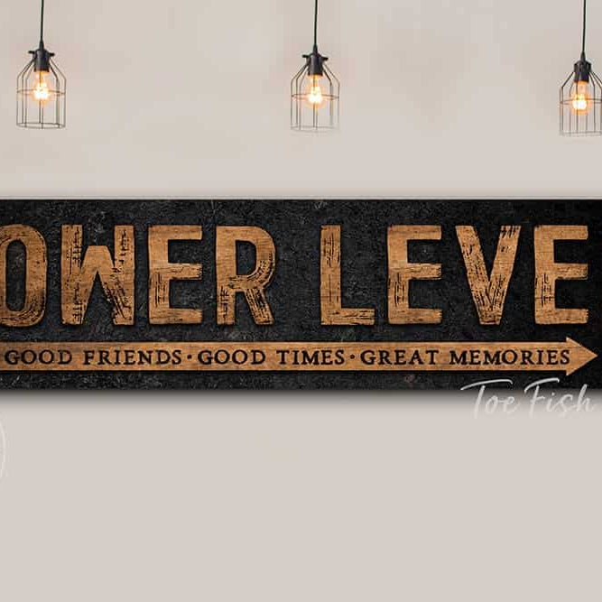Lower Level Sign handmade by ToeFishArt. Original, custom, personalized wall decor signs. Canvas, Wood or Metal. Rustic modern farmhouse, cottagecore, vintage, retro, industrial, Americana, primitive, country, coastal, minimalist.