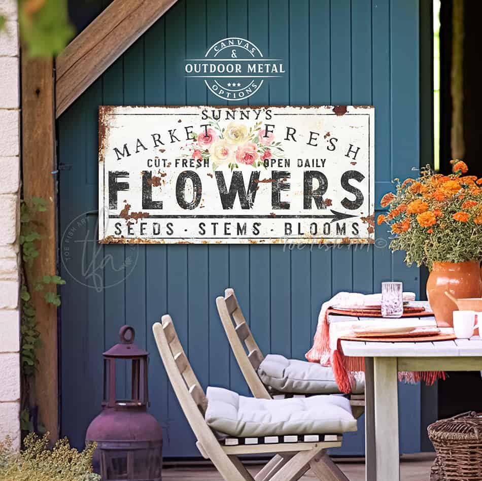 Market Fresh Flowers Personalize-able Canvas or Outdoor Exterior Commercial-Grade Metal Sign handmade in the USA and built to last a lifetime by ToeFishArt. Add your family name to this beautiful vibrant colorful roses bouquet artwork for unique eye-catching curb appeal. Original, custom, personalized wall decor signs. Canvas, Wood or Metal. Rustic modern farmhouse, cottagecore, vintage, retro, industrial, Americana, primitive, country, coastal, minimalist.