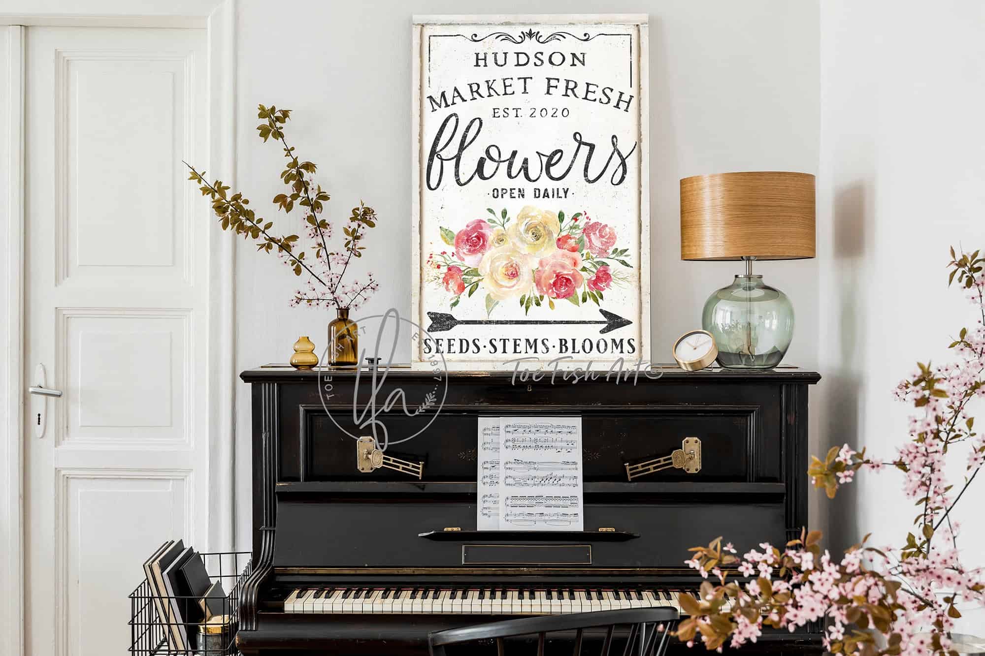 Market Fresh Flowers Sign handmade by ToeFishArt. Original, custom, personalized wall decor signs. Canvas, Wood or Metal. Rustic modern farmhouse, cottagecore, vintage, retro, industrial, Americana, primitive, country, coastal, minimalist.