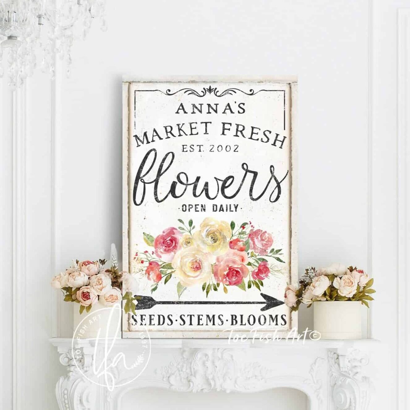 Market Fresh Flowers Sign handmade by ToeFishArt. Original, custom, personalized wall decor signs. Canvas, Wood or Metal. Rustic modern farmhouse, cottagecore, vintage, retro, industrial, Americana, primitive, country, coastal, minimalist.