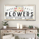 Market Fresh Flowers Sign handmade by ToeFishArt. Original, custom, personalized wall decor signs. Canvas, Wood or Metal. Rustic modern farmhouse, cottagecore, vintage, retro, industrial, Americana, primitive, country, coastal, minimalist.