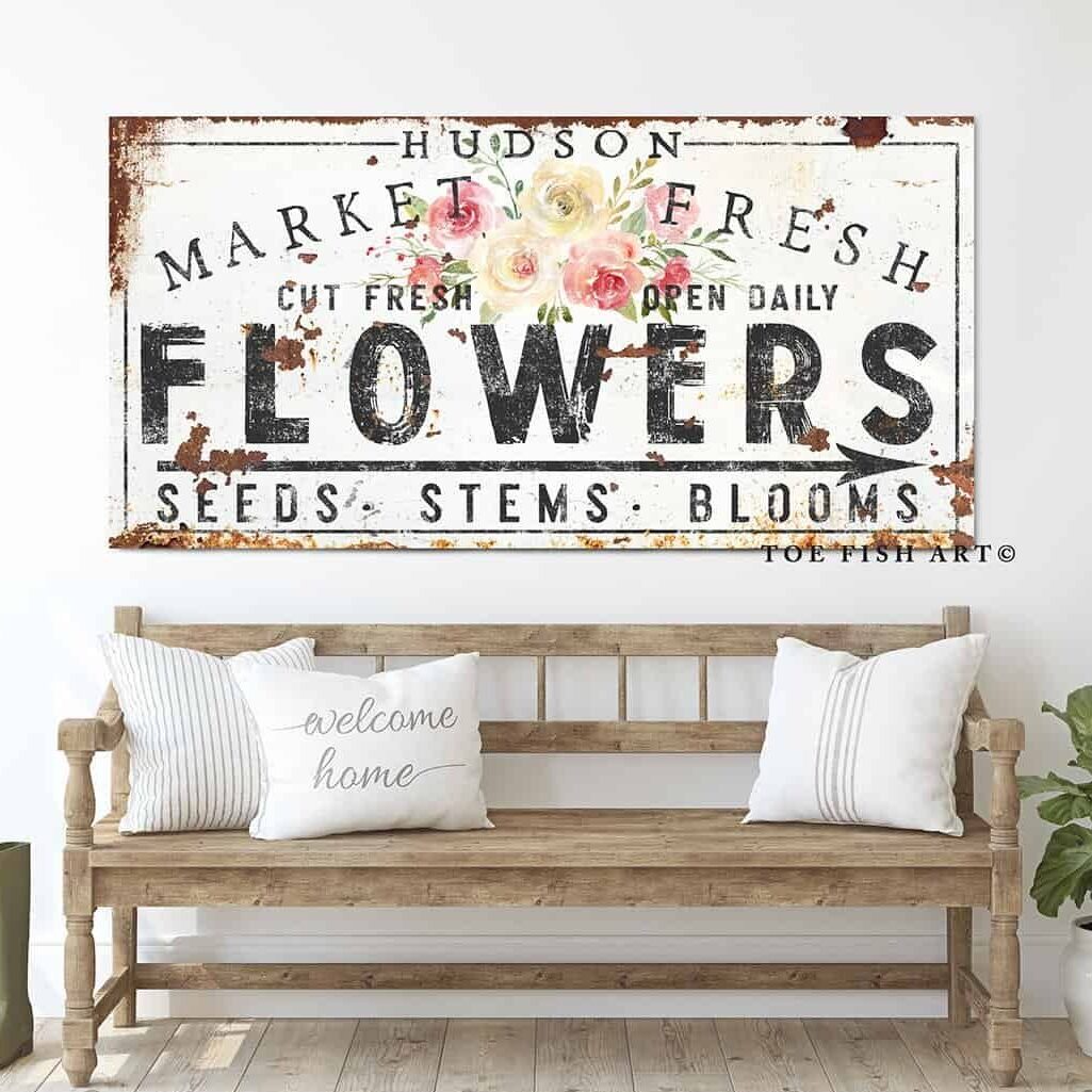 Market Fresh Flowers Sign handmade by ToeFishArt. Original, custom, personalized wall decor signs. Canvas, Wood or Metal. Rustic modern farmhouse, cottagecore, vintage, retro, industrial, Americana, primitive, country, coastal, minimalist.