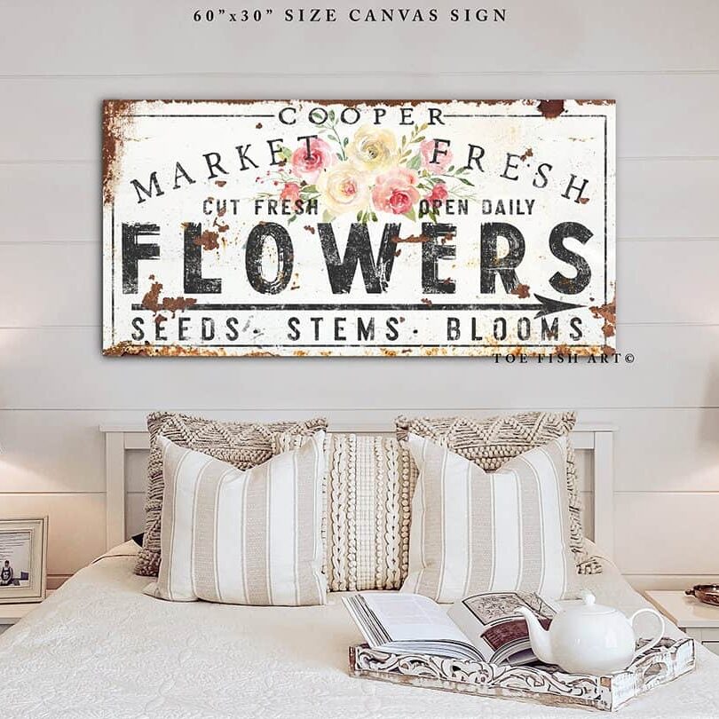 Market Fresh Flowers Sign handmade by ToeFishArt. Original, custom, personalized wall decor signs. Canvas, Wood or Metal. Rustic modern farmhouse, cottagecore, vintage, retro, industrial, Americana, primitive, country, coastal, minimalist.
