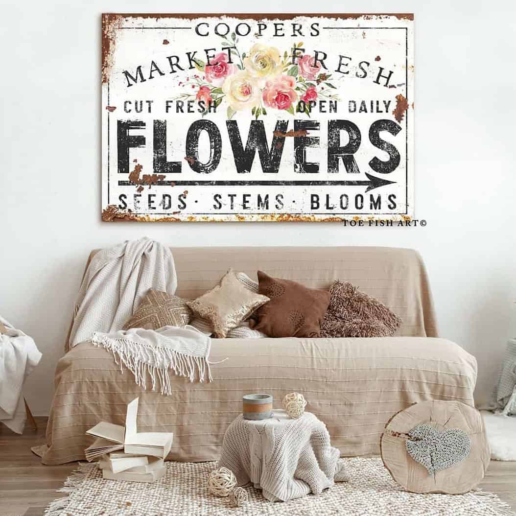 Market Fresh Flowers Sign handmade by ToeFishArt. Original, custom, personalized wall decor signs. Canvas, Wood or Metal. Rustic modern farmhouse, cottagecore, vintage, retro, industrial, Americana, primitive, country, coastal, minimalist.