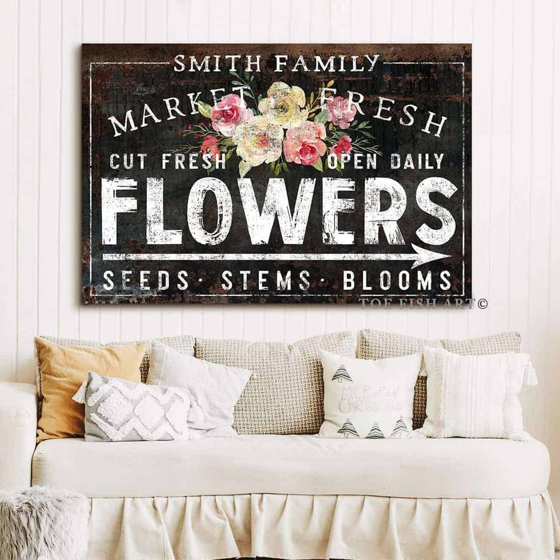 Market Fresh Flowers Sign handmade by ToeFishArt. Original, custom, personalized wall decor signs. Canvas, Wood or Metal. Rustic modern farmhouse, cottagecore, vintage, retro, industrial, Americana, primitive, country, coastal, minimalist.