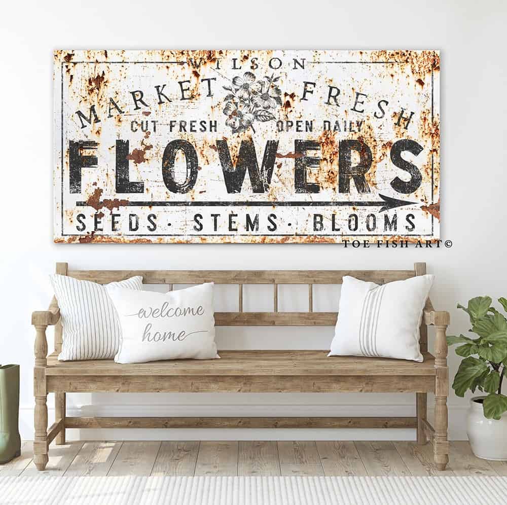 Merket Fresh Flowers Sign handmade by ToeFishArt. Original, custom, personalized wall decor signs. Canvas, Wood or Metal. Rustic modern farmhouse, cottagecore, vintage, retro, industrial, Americana, primitive, country, coastal, minimalist.