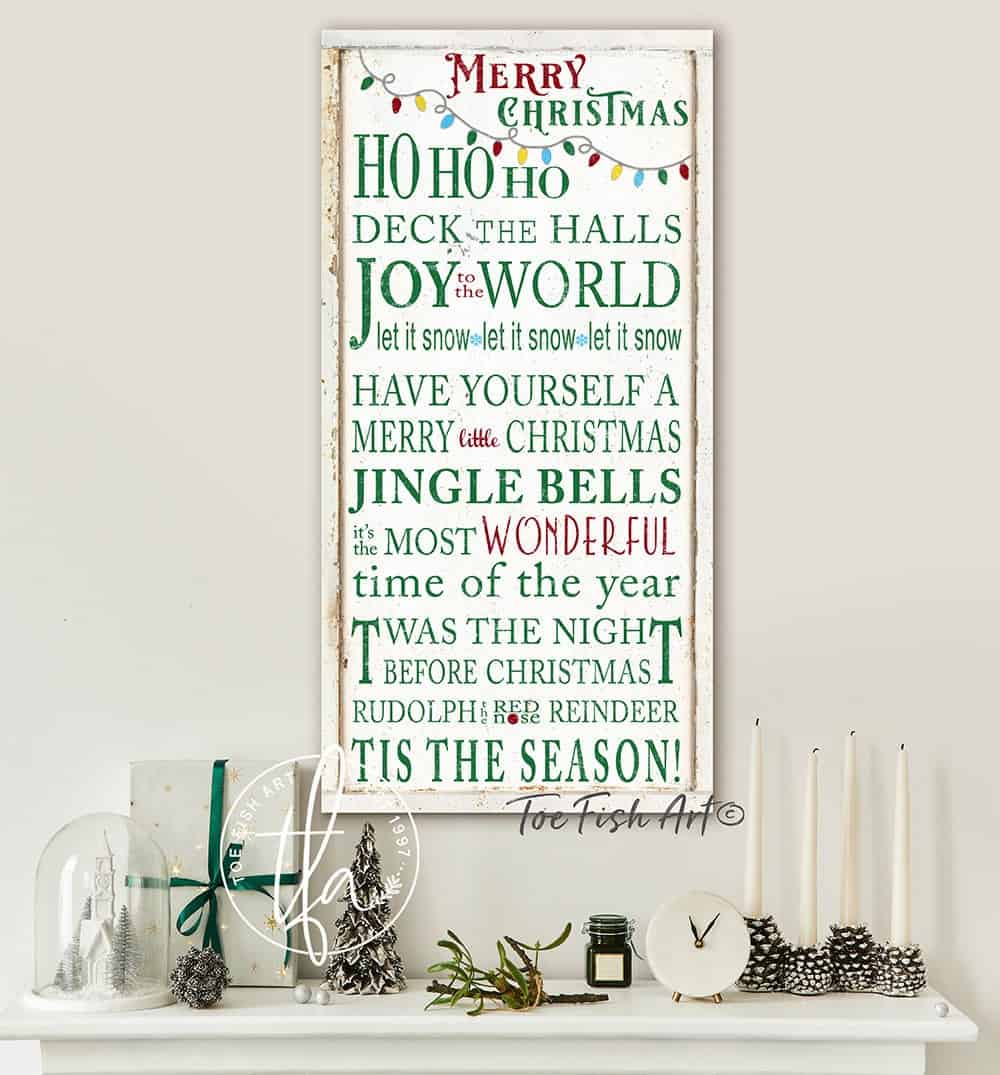 Merry Christmas Sign handmade by ToeFishArt. Original, custom, personalized wall decor signs. Canvas, Wood or Metal. Rustic modern farmhouse, cottagecore, vintage, retro, industrial, Americana, primitive, country, coastal, minimalist.