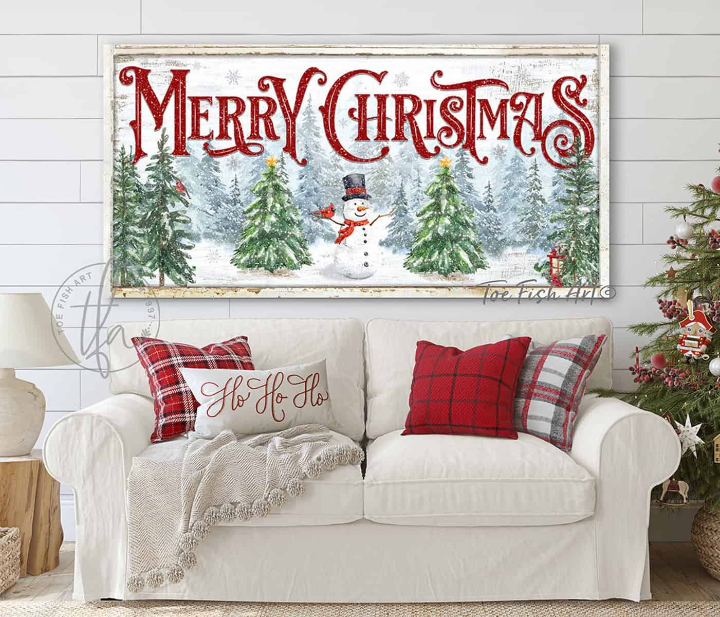Merry Christmas Sign festive seasonal decoration with winter wonderland trees and snowman artwork handmade by ToeFishArt. Original, custom, personalized wall decor signs. Canvas, Wood or Metal. Rustic modern farmhouse, cottagecore, vintage, retro, industrial, Americana, primitive, country, coastal, minimalist.
