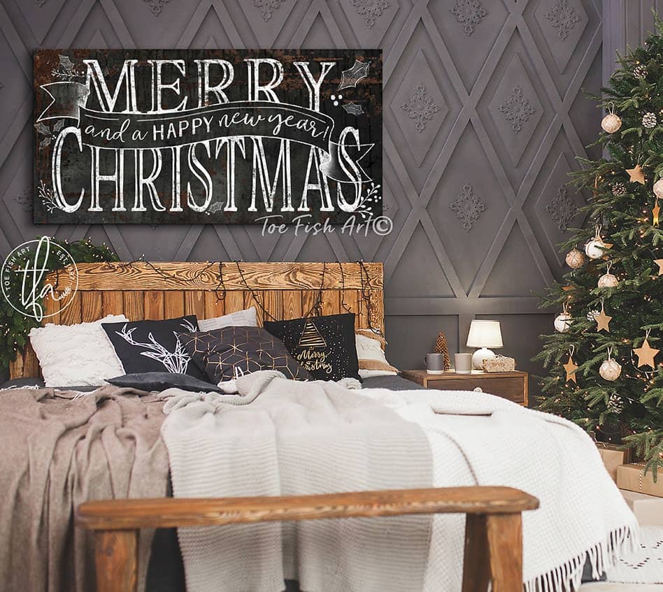 Merry Christmas and A Happy New Year Sign handmade by ToeFishArt. Original, custom, personalized wall decor signs. Canvas, Wood or Metal. Rustic modern farmhouse, cottagecore, vintage, retro, industrial, Americana, primitive, country, coastal, minimalist.