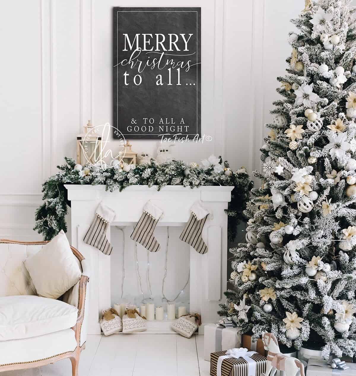 Merry Christmas to All Sign handmade by ToeFishArt. Original, custom, personalized wall decor signs. Canvas, Wood or Metal. Rustic modern farmhouse, cottagecore, vintage, retro, industrial, Americana, primitive, country, coastal, minimalist.