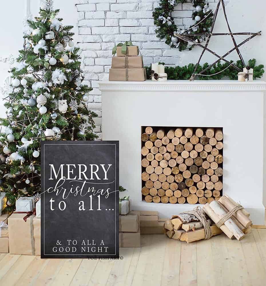 Merry Christmas to All Sign handmade by ToeFishArt. Original, custom, personalized wall decor signs. Canvas, Wood or Metal. Rustic modern farmhouse, cottagecore, vintage, retro, industrial, Americana, primitive, country, coastal, minimalist.