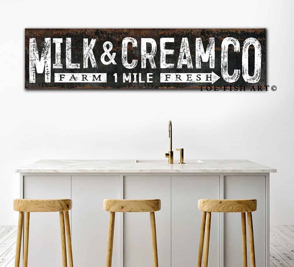 Milk & Cream Co Sign handmade by ToeFishArt. Original, custom, personalized wall decor signs. Canvas, Wood or Metal. Rustic modern farmhouse, cottagecore, vintage, retro, industrial, Americana, primitive, country, coastal, minimalist.