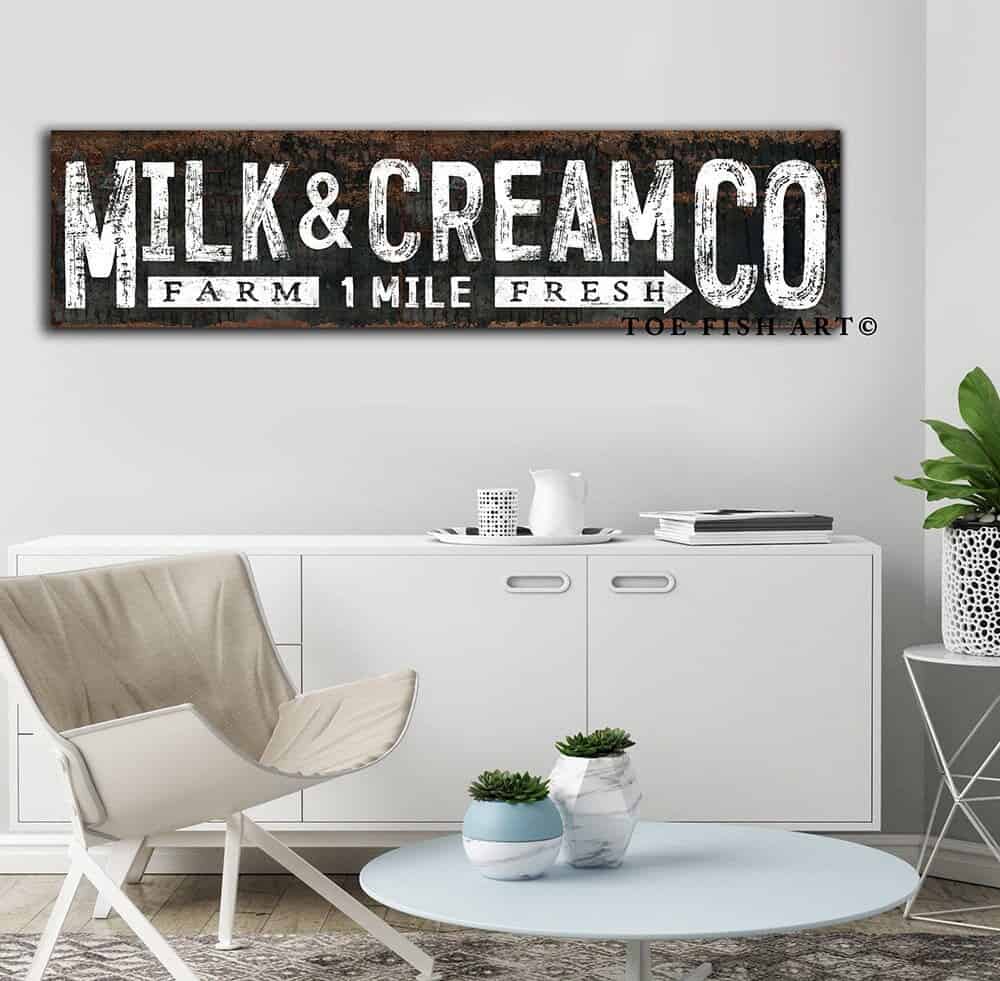 Milk & Cream Co Sign handmade by ToeFishArt. Original, custom, personalized wall decor signs. Canvas, Wood or Metal. Rustic modern farmhouse, cottagecore, vintage, retro, industrial, Americana, primitive, country, coastal, minimalist.