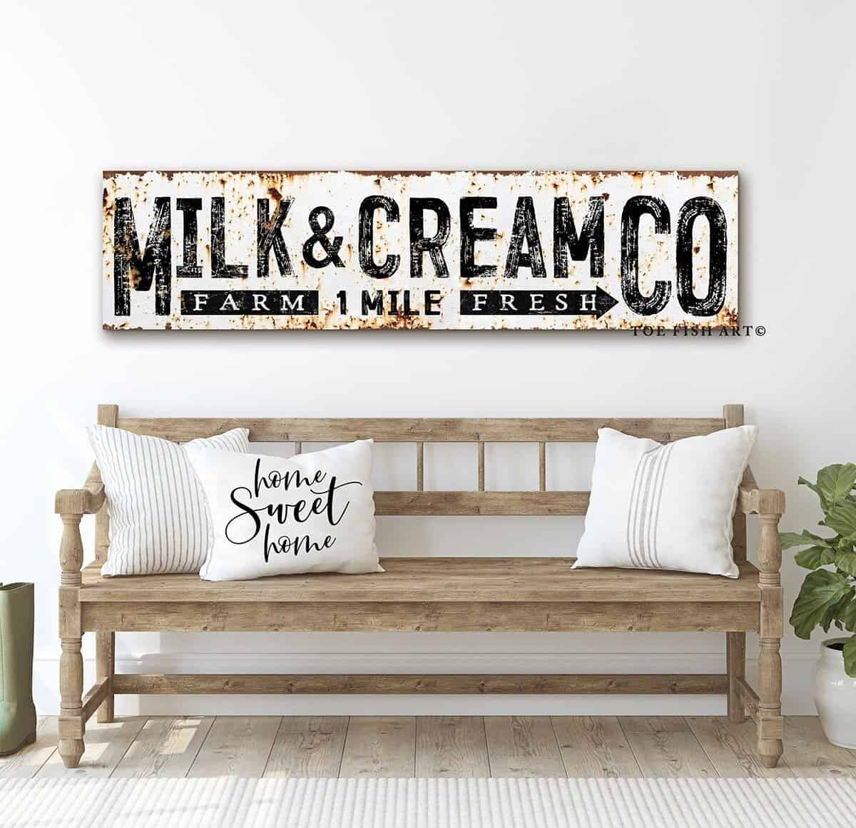 Milk & Cream Co Sign handmade by ToeFishArt. Original, custom, personalized wall decor signs. Canvas, Wood or Metal. Rustic modern farmhouse, cottagecore, vintage, retro, industrial, Americana, primitive, country, coastal, minimalist.