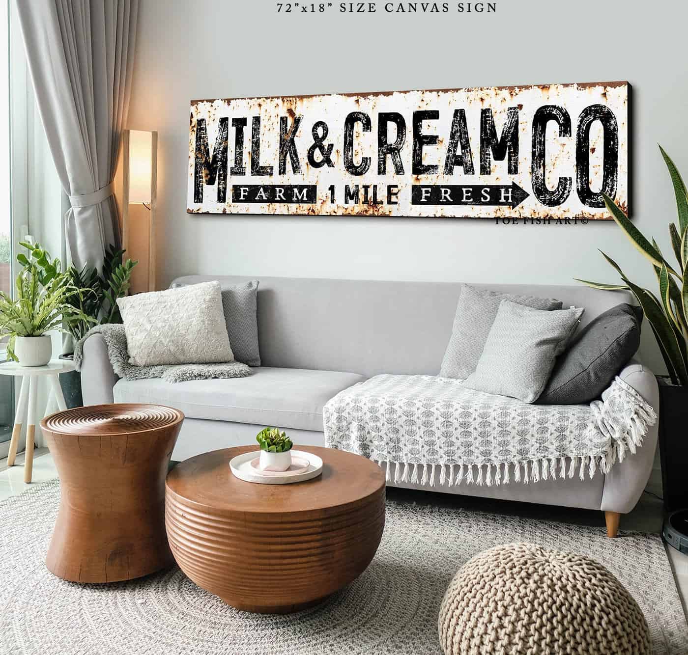 Milk & Cream Co Sign handmade by ToeFishArt. Original, custom, personalized wall decor signs. Canvas, Wood or Metal. Rustic modern farmhouse, cottagecore, vintage, retro, industrial, Americana, primitive, country, coastal, minimalist.