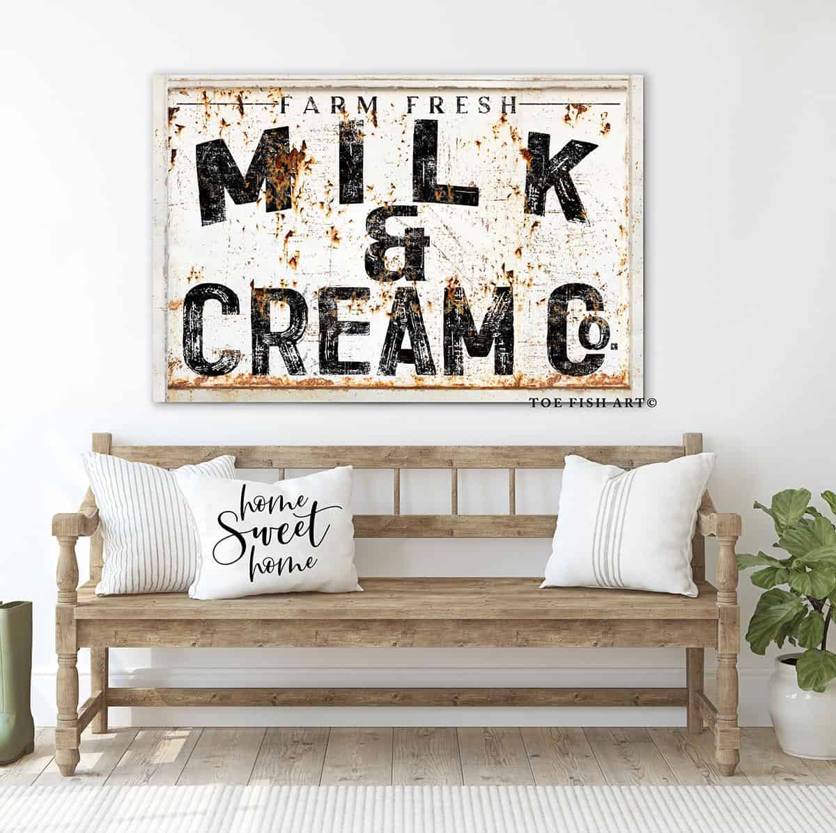 Milk & Cream Co. Sign handmade by ToeFishArt. Original, custom, personalized wall decor signs. Canvas, Wood or Metal. Rustic modern farmhouse, cottagecore, vintage, retro, industrial, Americana, primitive, country, coastal, minimalist.