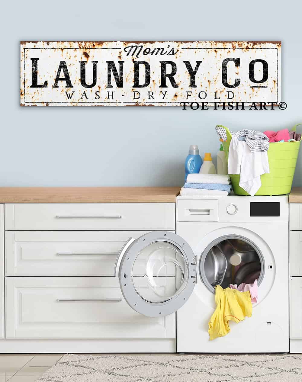 Mom's Personalized Laundry Co. Sign Wash Dry Fold handmade by ToeFishArt. Original, custom, personalized wall decor signs. Canvas, Wood or Metal. Rustic modern farmhouse, cottagecore, vintage, retro, industrial, Americana, primitive, country, coastal, minimalist.