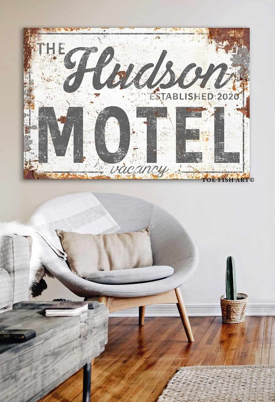 Motel Sign handmade by ToeFishArt. Original, custom, personalized wall decor signs. Canvas, Wood or Metal. Rustic modern farmhouse, cottagecore, vintage, retro, industrial, Americana, primitive, country, coastal, minimalist.