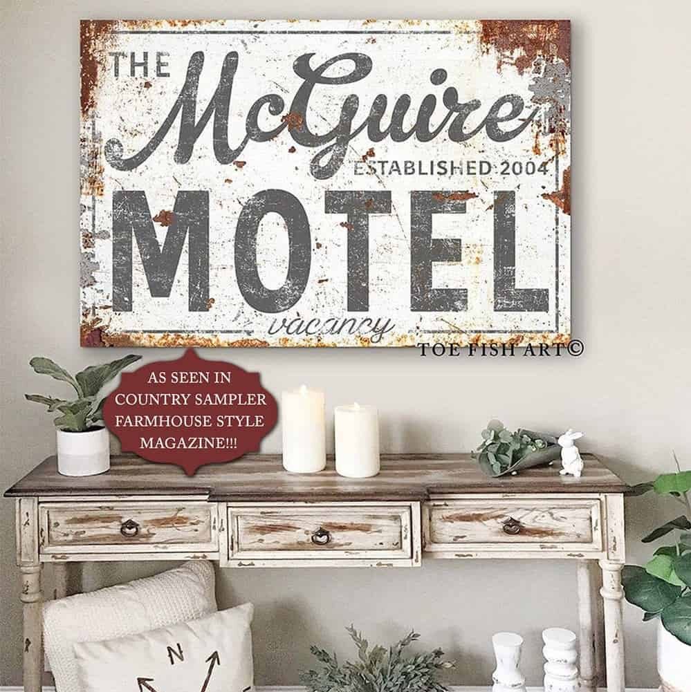 Motel Sign handmade by ToeFishArt. Original, custom, personalized wall decor signs. Canvas, Wood or Metal. Rustic modern farmhouse, cottagecore, vintage, retro, industrial, Americana, primitive, country, coastal, minimalist.
