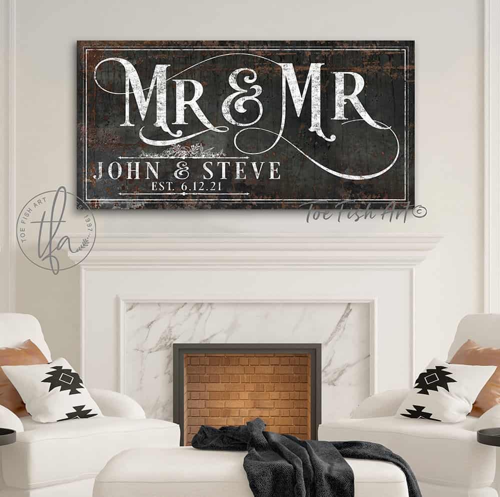 Mr & Mrs Couples Wedding Sign Personalized with your Last or First Names and Date handmade by ToeFishArt. Original, custom, personalized wall decor signs. Canvas, Wood or Metal. Rustic modern farmhouse, cottagecore, vintage, retro, industrial, Americana, primitive, country, coastal, minimalist.