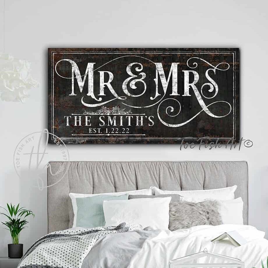 Mr & Mrs Couples Wedding Sign Personalized with your Last or First Names and Date handmade by ToeFishArt. Original, custom, personalized wall decor signs. Canvas, Wood or Metal. Rustic modern farmhouse, cottagecore, vintage, retro, industrial, Americana, primitive, country, coastal, minimalist.