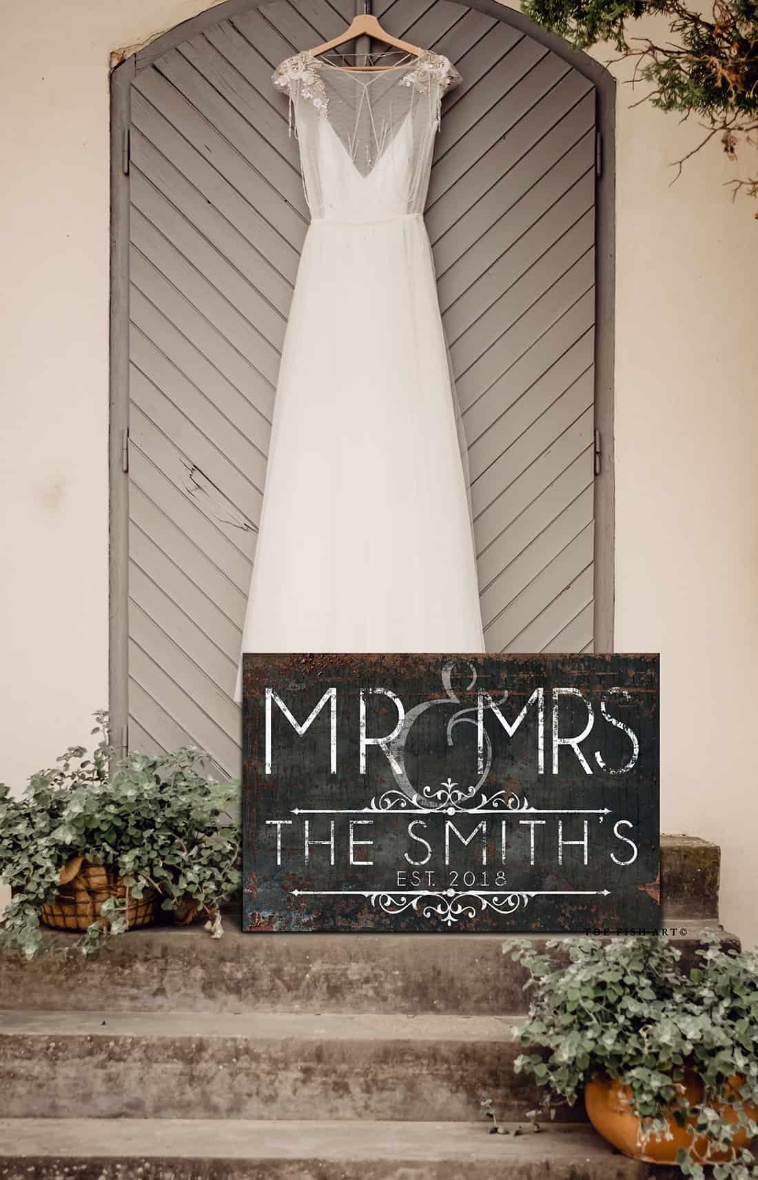 Mr & Mrs Sign handmade by ToeFishArt. Original, custom, personalized wall decor signs. Canvas, Wood or Metal. Rustic modern farmhouse, cottagecore, vintage, retro, industrial, Americana, primitive, country, coastal, minimalist.