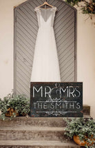 Mr & Mrs Sign handmade by ToeFishArt. Original, custom, personalized wall decor signs. Canvas, Wood or Metal. Rustic modern farmhouse, cottagecore, vintage, retro, industrial, Americana, primitive, country, coastal, minimalist.